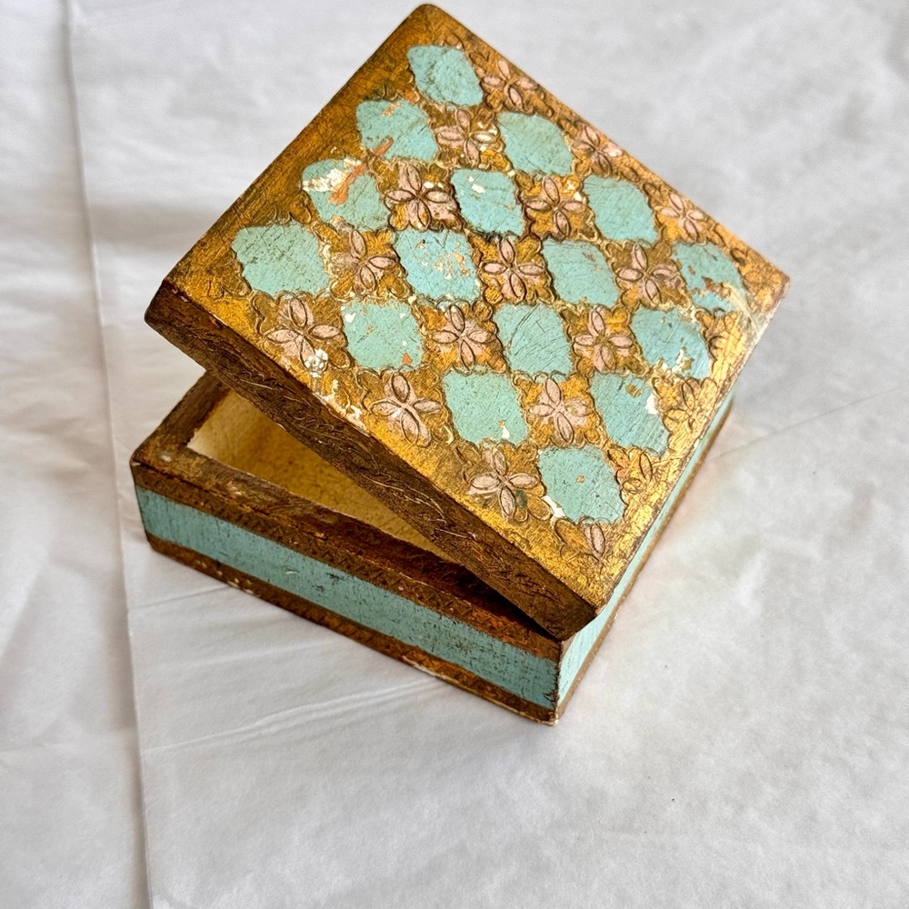 Vintage Italian Florentine Jewelry Trinket Box Gold & Blue Carved Antique Decor
